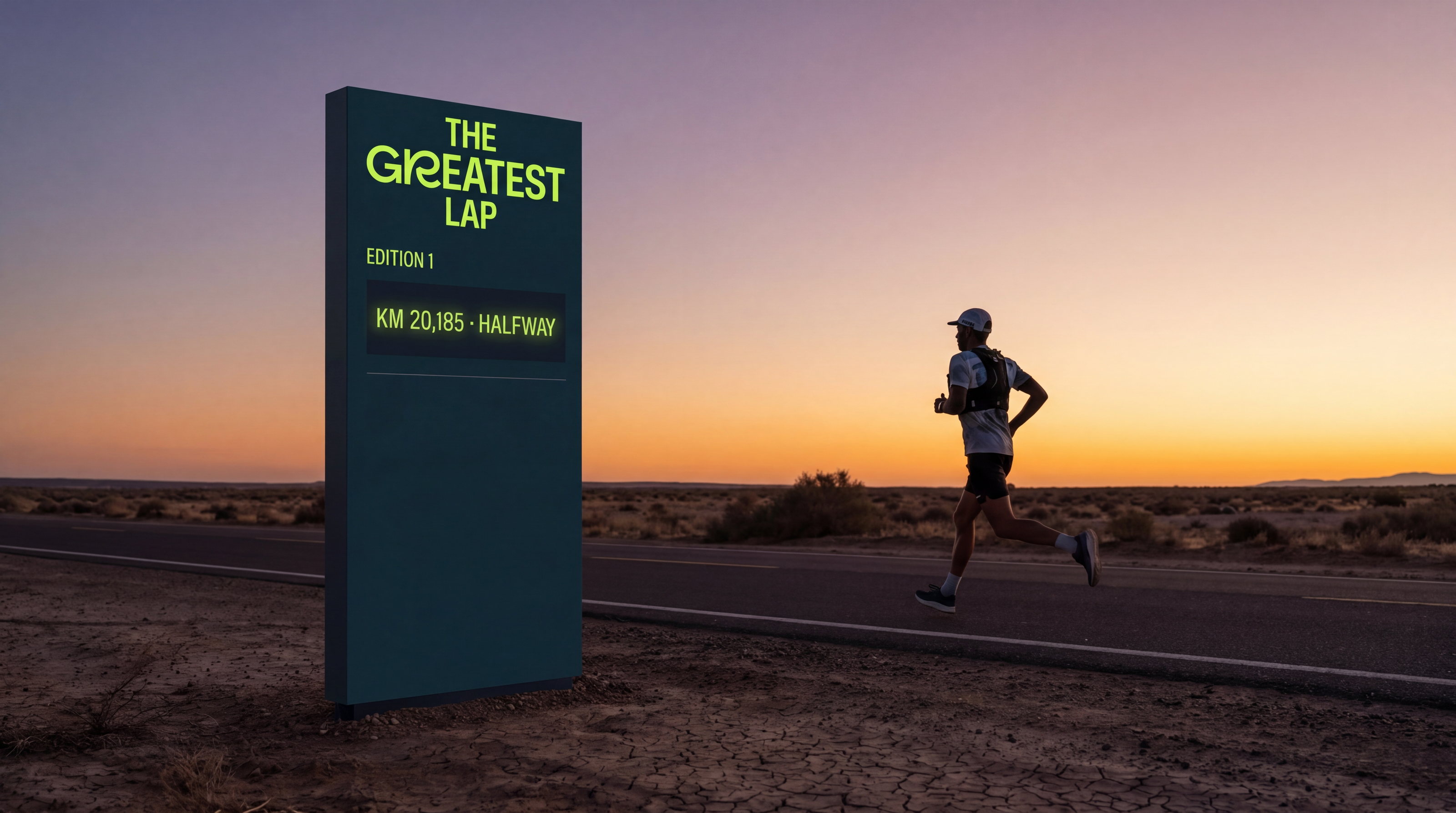 A runner passes The Greatest Lap halfway marker at dusk